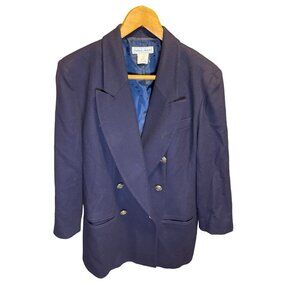 Vintage Stephanie Andrews Navy Blue Double Breasted Wool Blazer Jacket Sz 14P